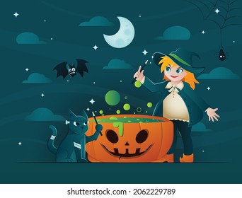 A cute wizard witch magician girl try to do some magic ritual on Halloween night with her black cat and mysterious liquid inside a creepy pumpkin bowl