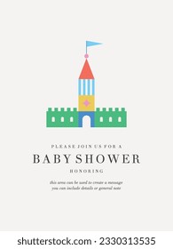 Cute woden kit castle baby shower card design. Vector illustration.