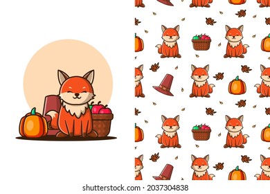 Cute Wolf in Autumn cartoon illustrations with seamless pattern