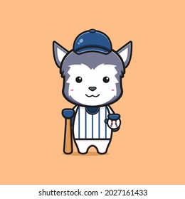 Cute wolf baseball player cartoon icon illustration. Design isolated flat cartoon style