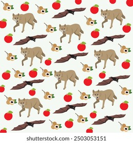 cute wolf, bat with fruit as a pattern background