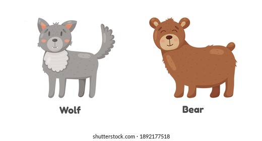 Cute wolf and bear in cartoon style. Vector kid's illustration.