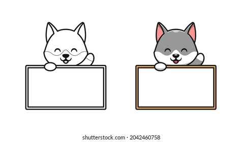 cute wolf with blank sign cartoon coloring pages for kids