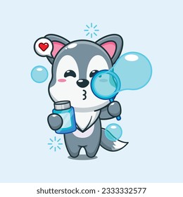 cute wolf blowing bubbles cartoon vector illustration.