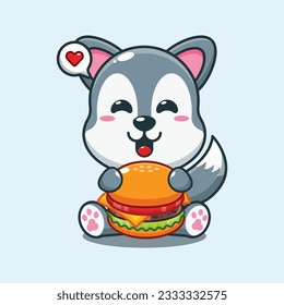 cute wolf with burger cartoon vector illustration.