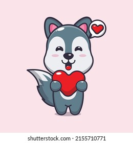 Cute Wolf Cartoon Character Holding Love Heart