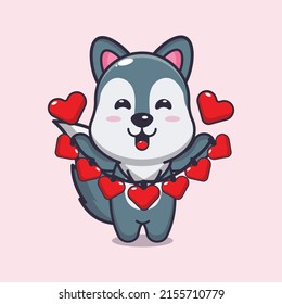 Cute Wolf Cartoon Character Holding Love Decoration