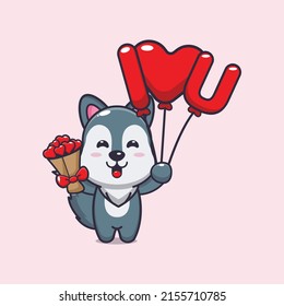 cute wolf cartoon character holding love balloon and love flowers