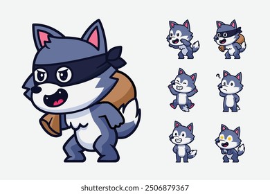 cute wolf cartoon character set