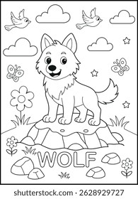 
Cute Wolf Cartoon Character. Wild Animal Coloring Page for Kids. Educational and Printable Worksheet.