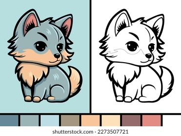 Cute wolf cartoon illustration in coloring page style baby wild animal