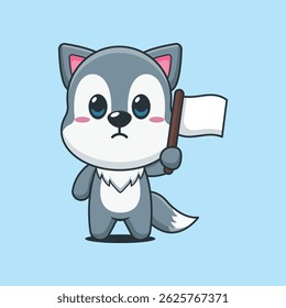 Ilustração de vetor de desenhos animados lobo bonito com bandeira branca