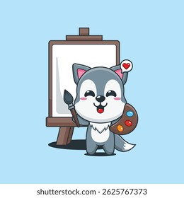 Cute wolf cartoon vector illustration wants to paint on canvas