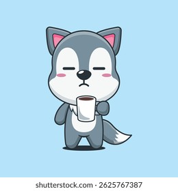 Ilustração de vetor de desenhos animados de lobo bonito está cansado e sonolento segurando café