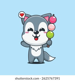 Lobo bonito desenho animado vetor ilustração comendo dango