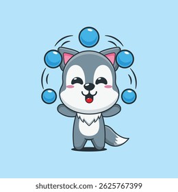 Cute wolf cartoon vector illustration circus attraction with balls