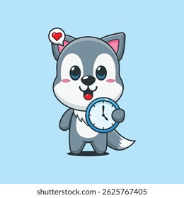 Cute wolf cartoon vector illustration with clock