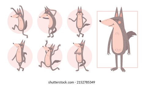 Personaje de lobo lindo expresando diferentes emociones dibujos animados conjunto de ilustraciones vectoriales aisladas