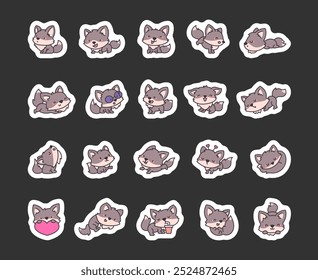 Cute wolf character. Sticker Bookmark. Wild cartoon animal. Vector drawing. Collection of design elements.