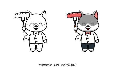 cute wolf chef brings sausage cartoon coloring pages for kids