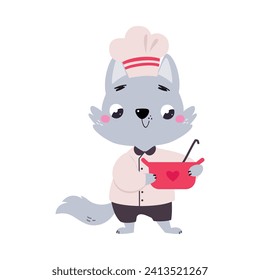 Cute Wolf Chef Character in Toque Hold Pot Cooking Vector Illustration