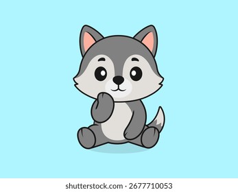 Cute Wolf Chin Rest Pose - Ilustração de um personagem lobo em desenhos animados de vetor plano.