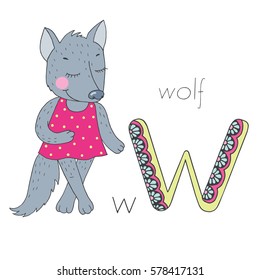 Cute wolf with closed eyes in pink dress. Letter W of the kids alphabet with elements zentangle, doodling style for children education. Vector illustration on white background