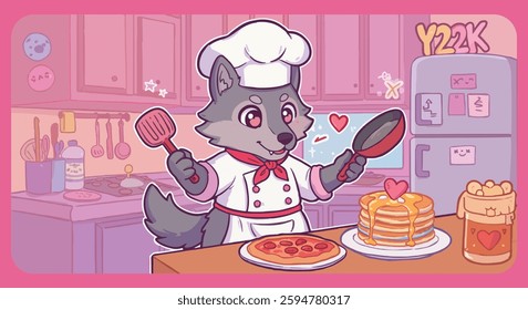 Cute Wolf cooking in the kitchen Cartoon Vector Icon Illustration. Science Sport Icon Concept Isolated Premium Vector. Flat Cartoon Style