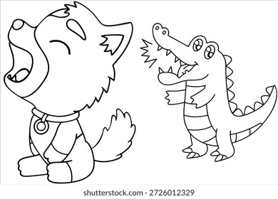 Niedlicher Wolf und Krokodil Linie Kunst für Kinder Malvorlagen