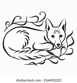 The cute wolf cub  fox  framed by leaves  Calligraphic drawing and animal   plant ornament  Black   white vector illustration isolated white background  Linear drawing  Tattoo design 