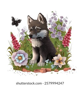 A cute wolf cub (puppy) sits on the grass surrounded by bright flowers in a forest clearing. Vector cartoon illustration for decorating children's room, clothes, design of covers, wallpapers, cards.