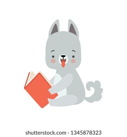Cute Wolf Cub Reading Book, Adorable Smart Animal Character Sitting with Book Vector Illustration