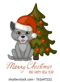 Cute wolf cub in a red Santa Claus hat near a Christmas tree on a white background. Merry Christmas and happy new year greeting card. The cartoon style. Vector illustration.