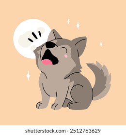 Cute Wolf Dog Howl With Moon Cartoon Vector Icon Illustration. Animal Nature Icon Concept Isolated Premium Vector. Flat Cartoon Style