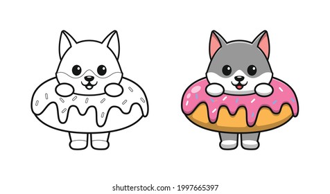 Cute wolf with donuts cartoon coloring pages for kids