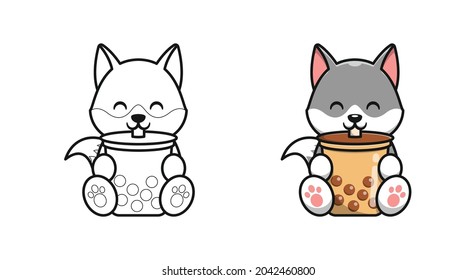 Cute wolf drinking bubble tea cartoon coloring pages for kids