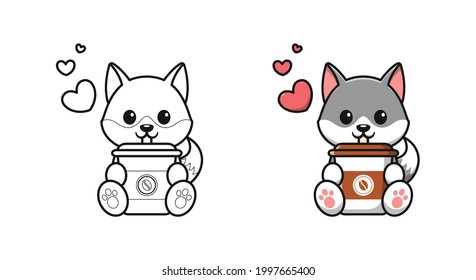 Cute wolf drinking coffee cartoon coloring pages for kids
