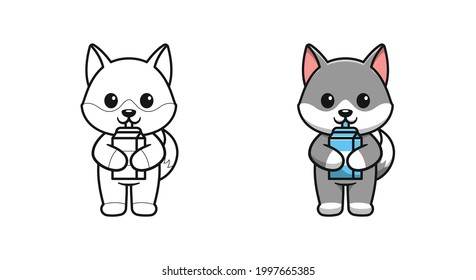 Lobo lindo bebiendo leche caricatura páginas coloreadas para niños