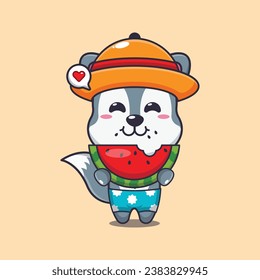 Cute wolf eating fresh watermelon cartoon illustration. Cute summer cartoon illustration. Vector cartoon Illustration suitable for poster, brochure, web, mascot, sticker, logo and icon.