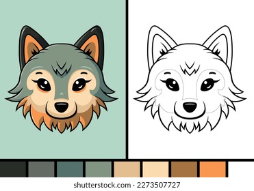 Cute wolf face cartoon illustration in coloring page style baby wild animal