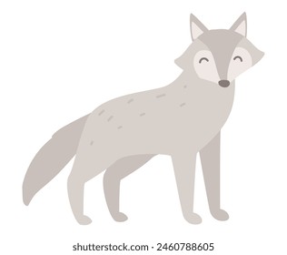 Cute wolf in flat design. Adorable happy forest predator with grey fur. Vector illustration isolated.