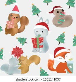 Cute wolf fox rabbit bunny and squirrel wear christmas hat and hugging gift box with christmas tree background.