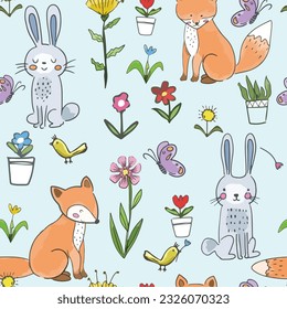 Cute wolf fox and rabbit bunny having fun in flower garden