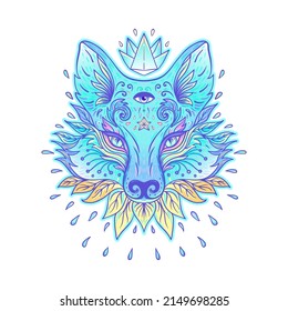 Cute wolf (fox or racoon) face. Character tattoo design for  pet lovers, artwork for print, textiles. Isolated vector illustration.