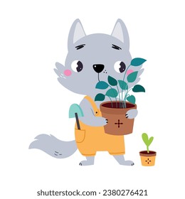 Cute Wolf Gardener Carry Houseplant in Pot Vector Illustration