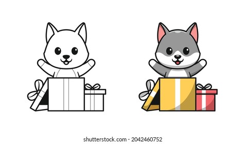 cute wolf in gift box cartoon coloring pages for kids