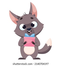Cute wolf with gift box cartoon vector illustration. Pretty mammal standing on white background, smiling, receiving present from friend. Wildlife animal, predator, celebration concept