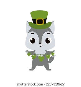 Cute wolf in green leprechaun hat with clover. Irish holiday folklore theme. Cartoon design for cards, decor, shirt, invitation. Vector stock illustration.