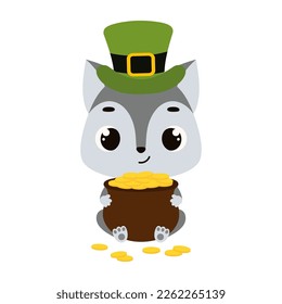 Cute wolf in green leprechaun hat holds bowler with gold coins. Irish holiday folklore theme. Cartoon design for cards, decor, shirt, invitation. Vector stock illustration.