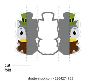 Cute wolf in green leprechaun hat holds bowler with gold coins. Irish holiday folklore theme. Fold long greeting card template. Printable color scheme. Print, cut out, fold. Vector illustration.